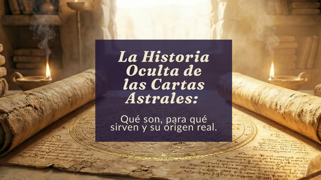 Pergamino antiguo desenrollado sobre una mesa de madera mostrando un mapa estelar astrológico, iluminado por luz natural en una biblioteca histórica, representando el origen ancestral de la Carta Astral Arquetípica.