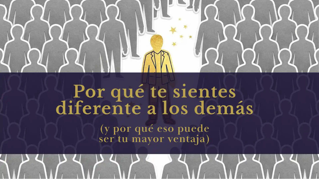 Una figura humana dorada resaltando con estrellas sobre una multitud de siluetas grises, ilustrando el sentimiento de ser diferente como una ventaja personal.