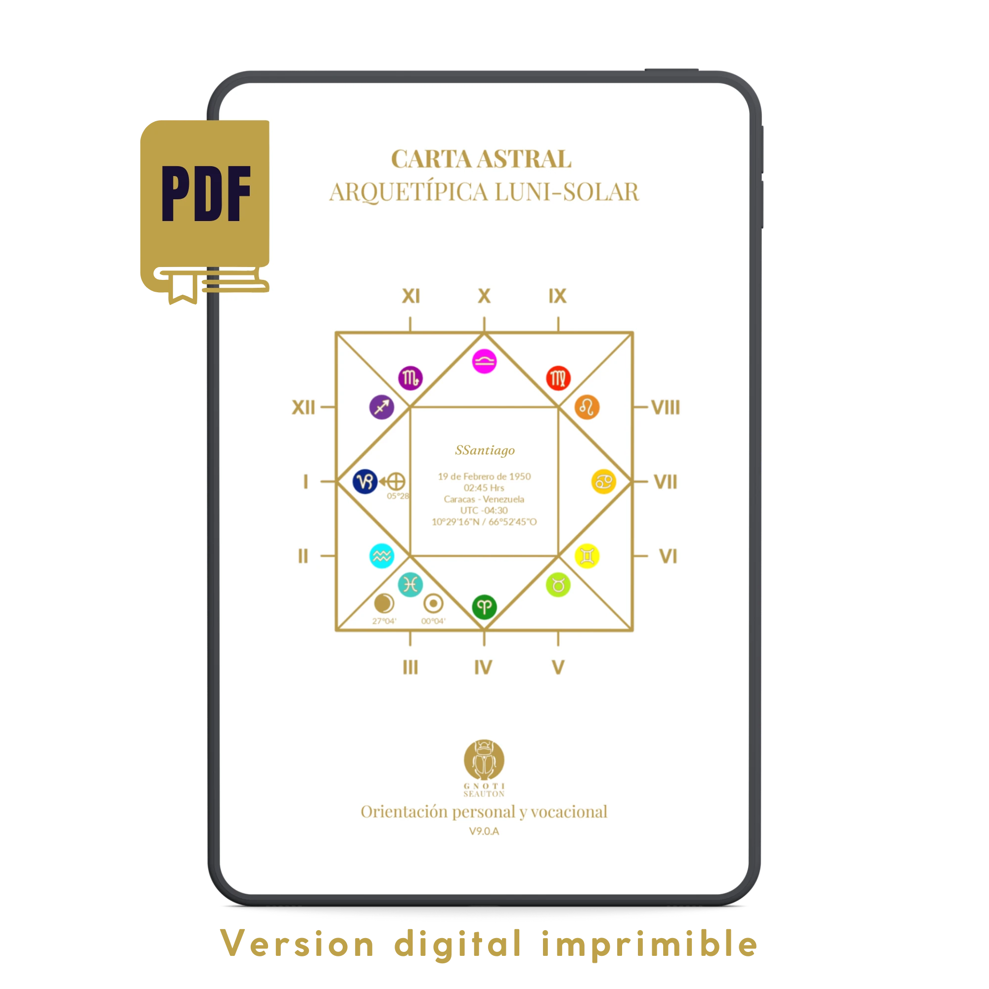 Visualización del esquema natal de la Carta Astral Arquetípica Luni-Solar en una tablet. Muestra el diseño cuadrado y moderno con los 12 arquetipos, fecha de nacimiento y orientación vocacional, sin trazos confusos.