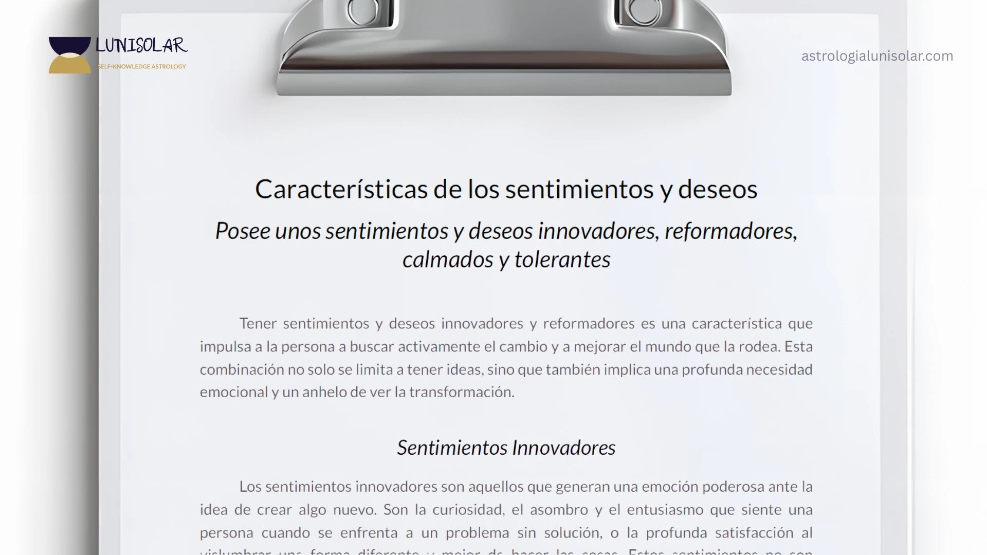 Fragmento real de interpretación de la Carta Astral Arquetípica: Sección de Características de los sentimientos y deseos. El texto detalla un perfil con sentimientos innovadores y reformadores, explicando cómo la carta analiza tu mundo emocional con precisión y sin ambigüedades.