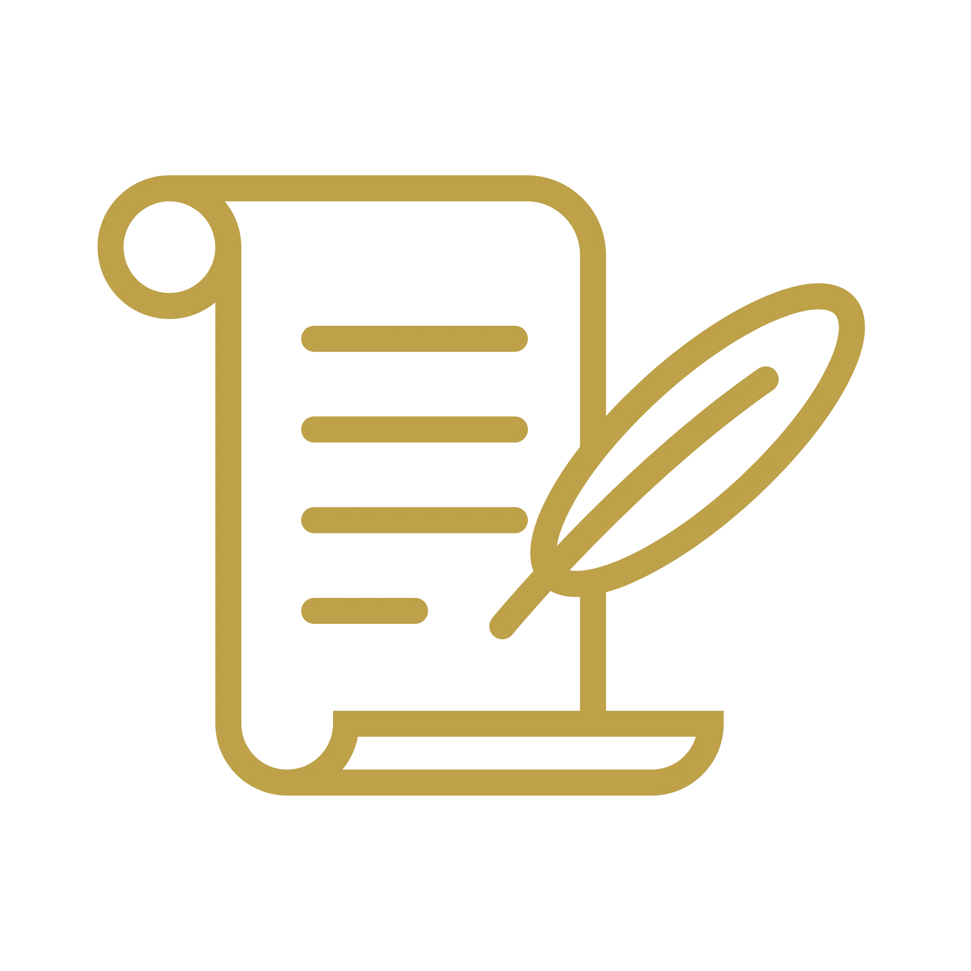 Icono lineal dorado de un pergamino antiguo con una pluma de escritura, ilustrando la historia oculta de las Cartas Astrales.